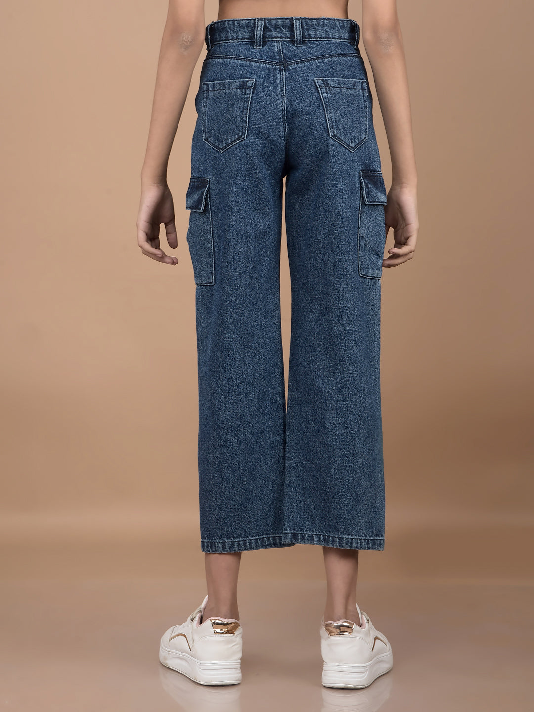 Blue Relaxed Fit Crop-Length Cargo Jeans-Girls Jeans-Crimsoune Club