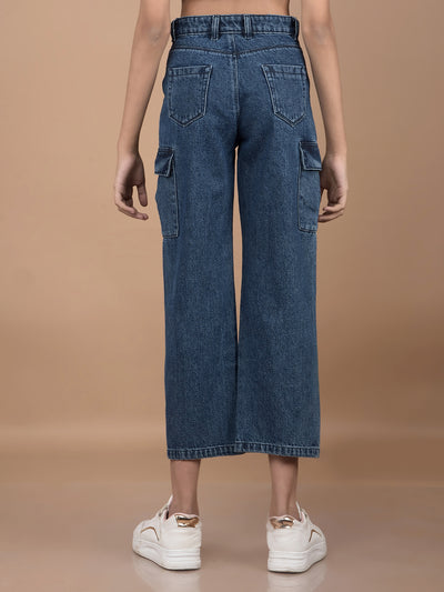 Blue Relaxed Fit Crop-Length Cargo Jeans-Girls Jeans-Crimsoune Club