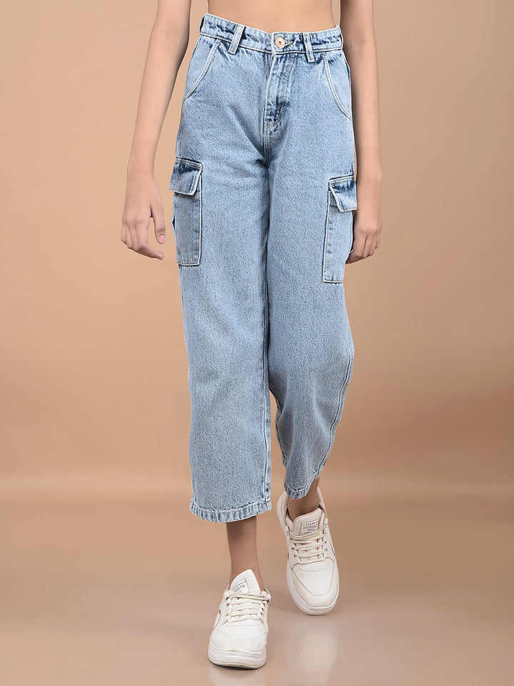 Blue Relaxed Fit Crop-Length Cargo Jeans-Girls Jeans-Crimsoune Club