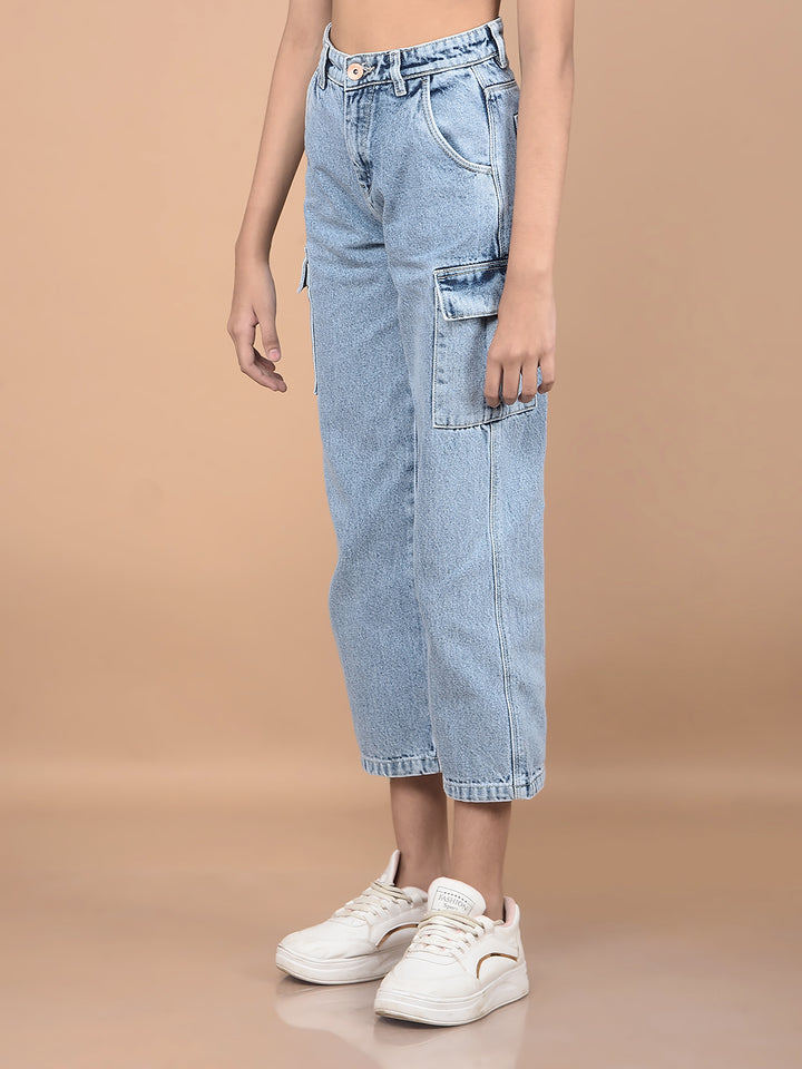 Blue Relaxed Fit Crop-Length Cargo Jeans-Girls Jeans-Crimsoune Club
