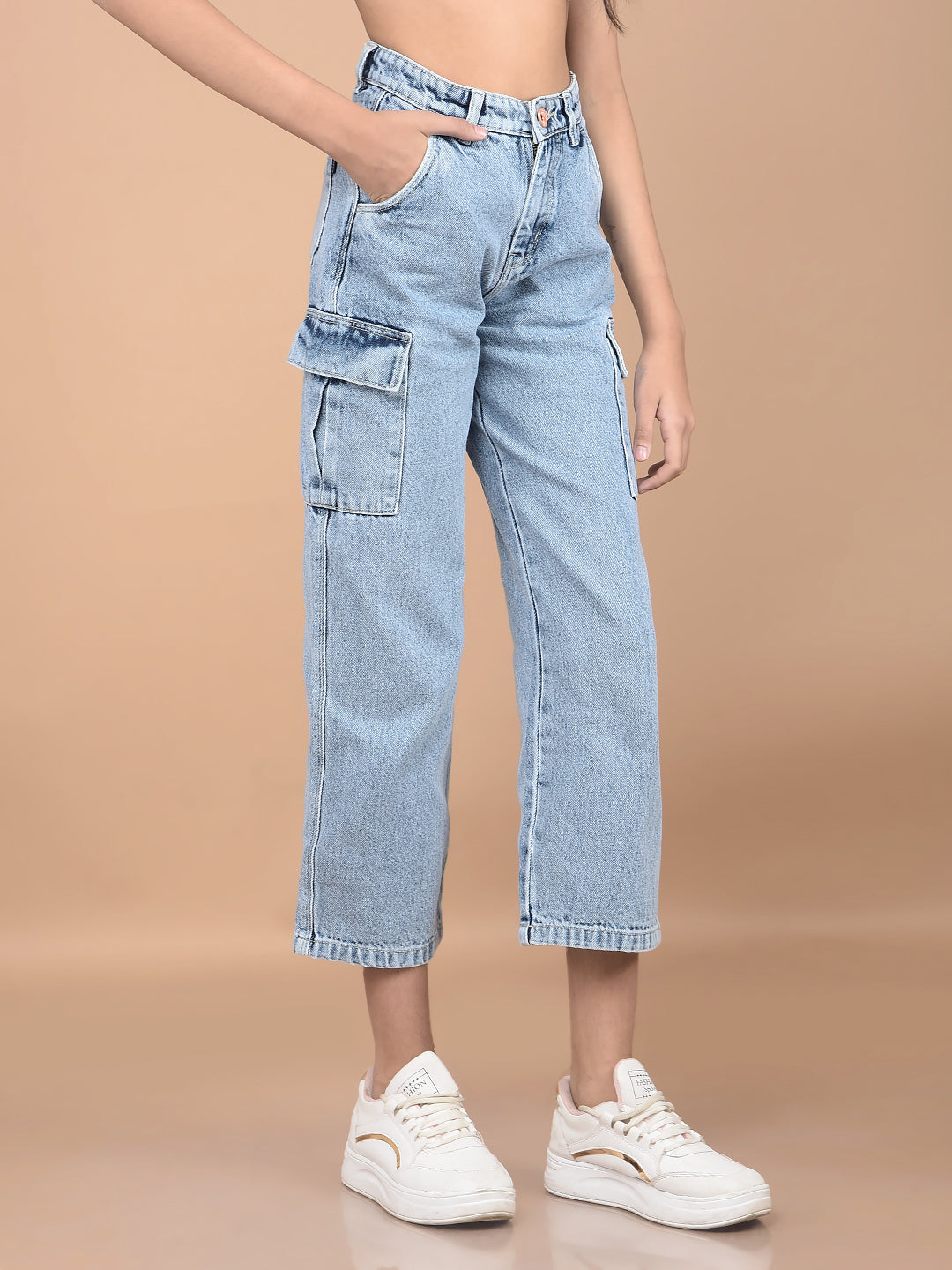 Blue Relaxed Fit Crop-Length Cargo Jeans-Girls Jeans-Crimsoune Club