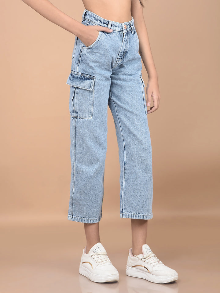 Blue Relaxed Fit Crop-Length Cargo Jeans-Girls Jeans-Crimsoune Club