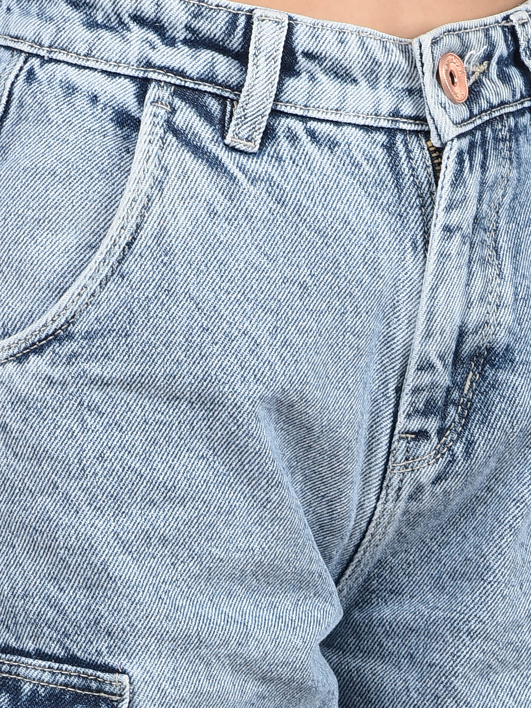 Blue Relaxed Fit Crop-Length Cargo Jeans-Girls Jeans-Crimsoune Club