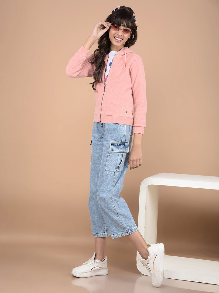 Blue Relaxed Fit Crop-Length Cargo Jeans-Girls Jeans-Crimsoune Club