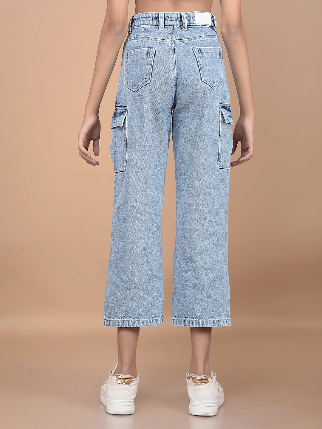 Blue Relaxed Fit Crop-Length Cargo Jeans-Girls Jeans-Crimsoune Club