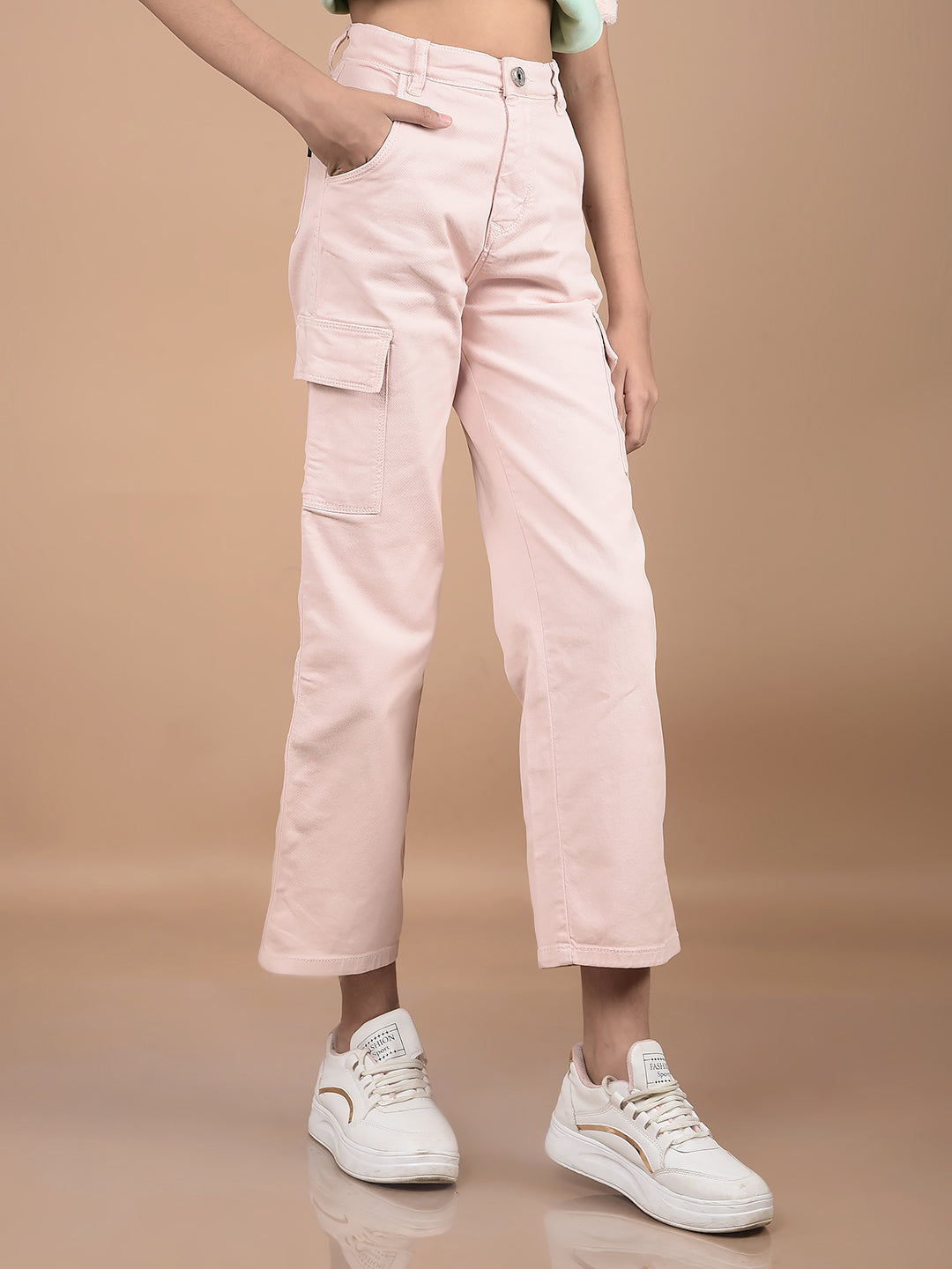 Pink Relaxed Fit Cargo Jeans-Girls Jeans-Crimsoune Club