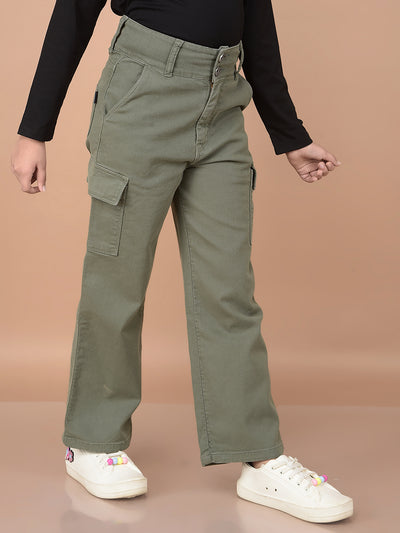Green Relaxed Fit Cargo Jeans-Girls Jeans-Crimsoune Club