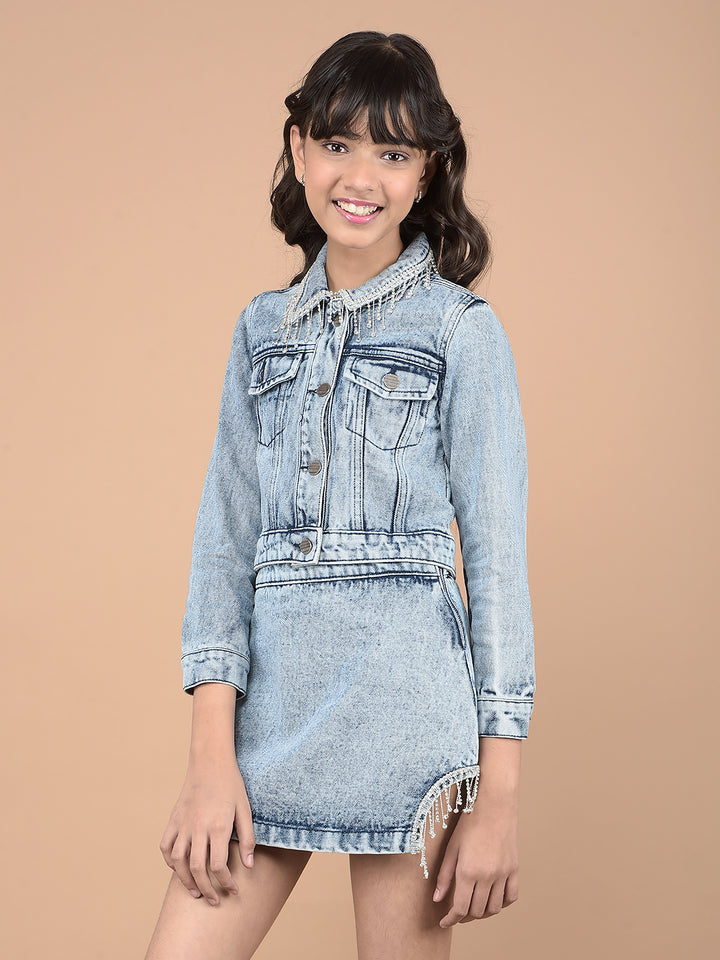 Blue Crop Length Denim Co-Ord Sets-Girls Co-Ord Sets-Crimsoune Club