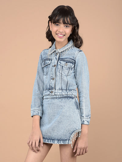 Blue Crop Length Denim Co-Ord Sets-Girls Co-Ord Sets-Crimsoune Club