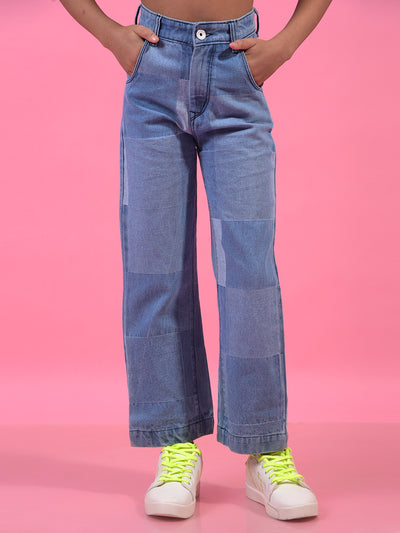Girl's Blue 100% Cotton Wide-Leg Jeans-Girls Jeans-Crimsoune Club