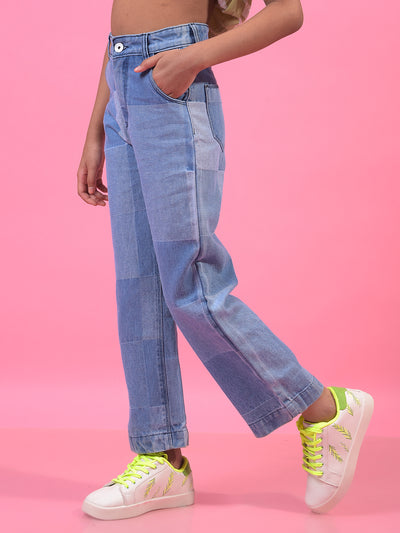 Girl's Blue 100% Cotton Wide-Leg Jeans-Girls Jeans-Crimsoune Club