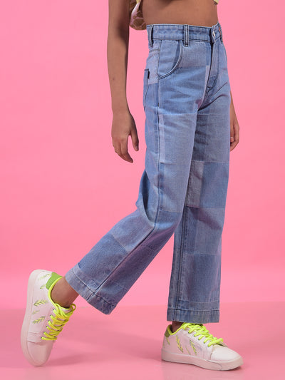 Girl's Blue 100% Cotton Wide-Leg Jeans-Girls Jeans-Crimsoune Club