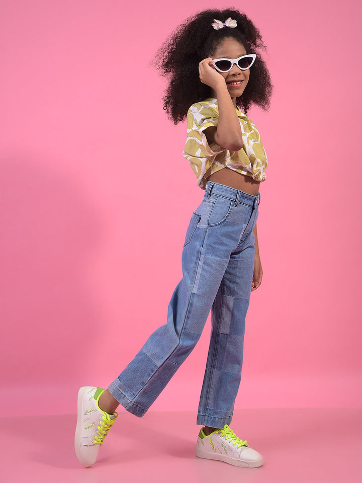 Girl's Blue 100% Cotton Wide-Leg Jeans-Girls Jeans-Crimsoune Club