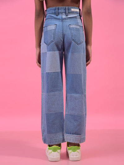 Girl's Blue 100% Cotton Wide-Leg Jeans-Girls Jeans-Crimsoune Club