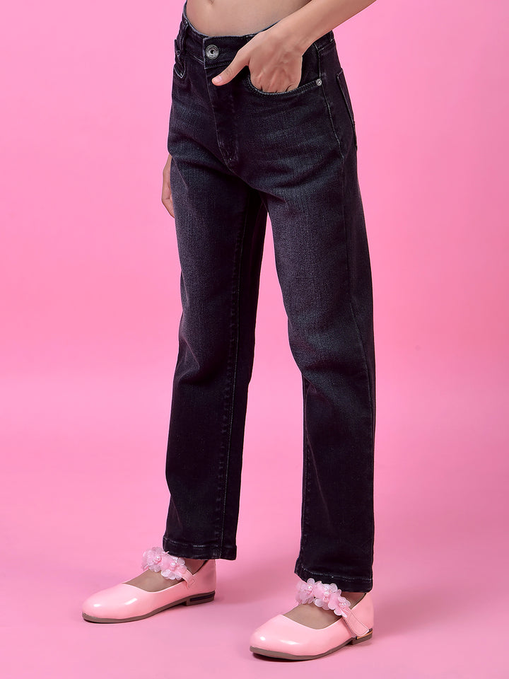 Navy Blue Straight Leg Denim Jeans-Girls Jeans-Crimsoune Club