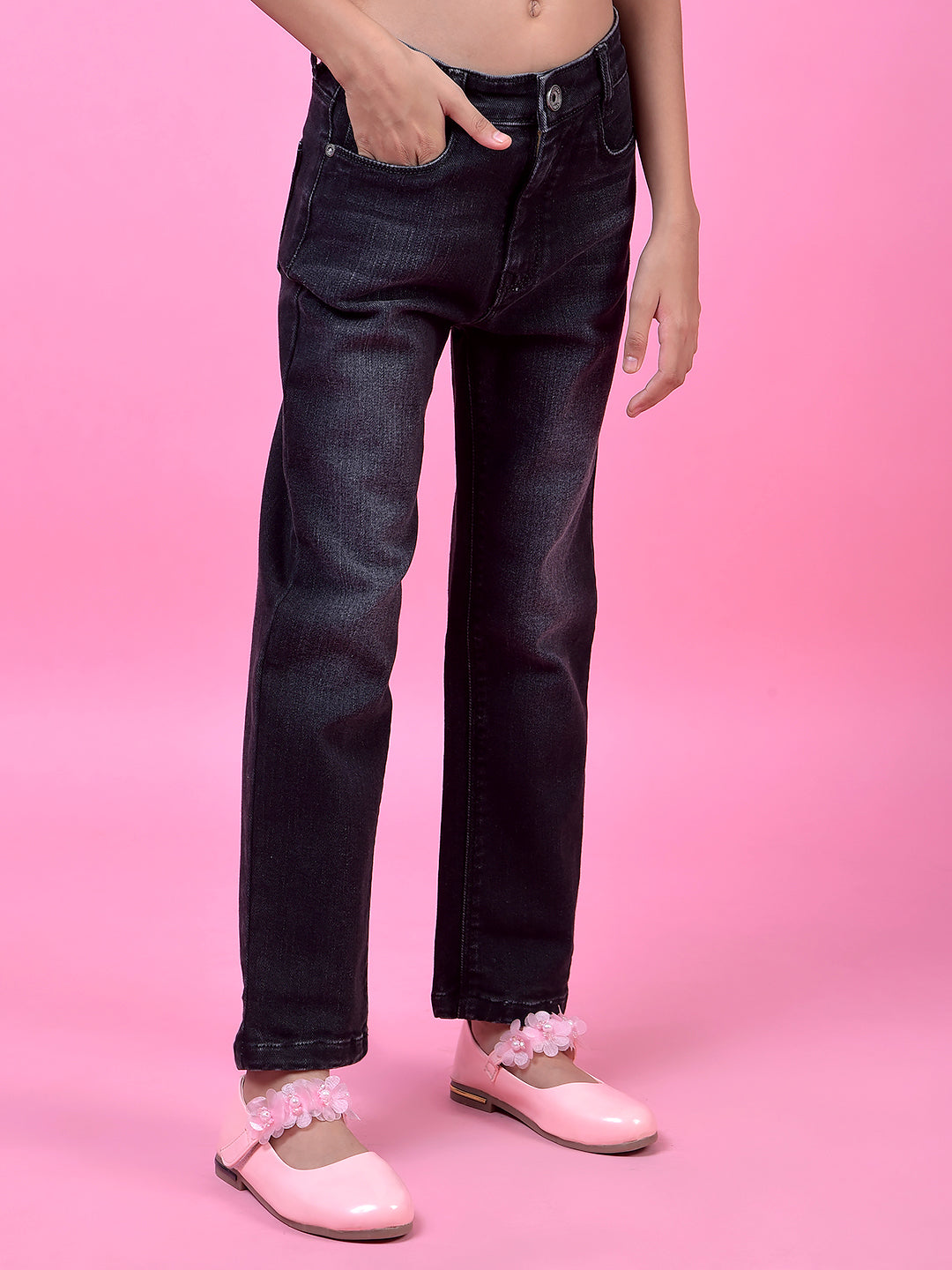 Navy Blue Straight Leg Denim Jeans-Girls Jeans-Crimsoune Club