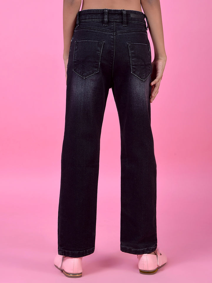 Navy Blue Straight Leg Denim Jeans-Girls Jeans-Crimsoune Club