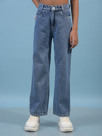Girl's Blue 100% Cotton Wide-Leg Jeans-Girls Jeans-Crimsoune Club