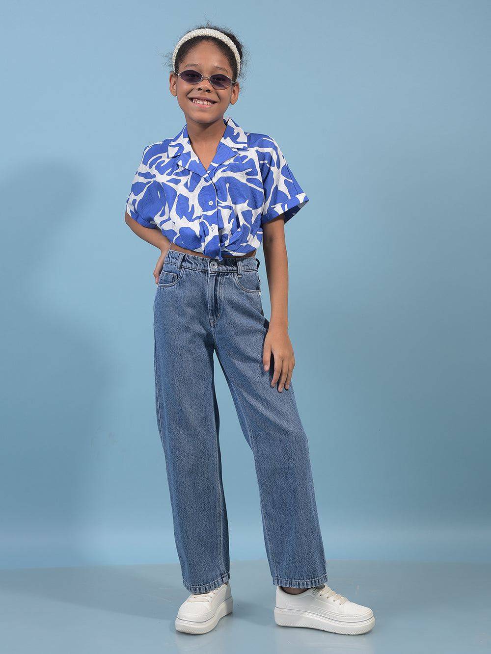 Girl's Blue 100% Cotton Wide-Leg Jeans-Girls Jeans-Crimsoune Club