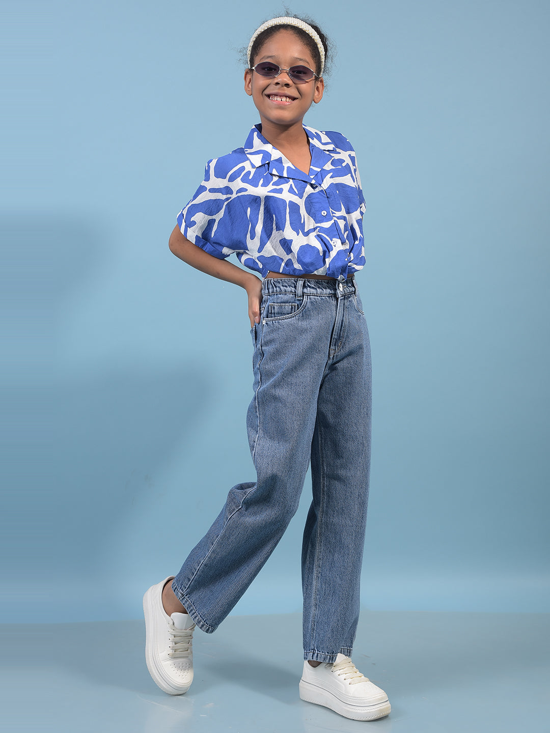 Girl's Blue 100% Cotton Wide-Leg Jeans-Girls Jeans-Crimsoune Club