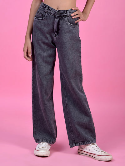 Comfy Grey Wide-Leg Cotton Jeans-Girls Jeans-Crimsoune Club