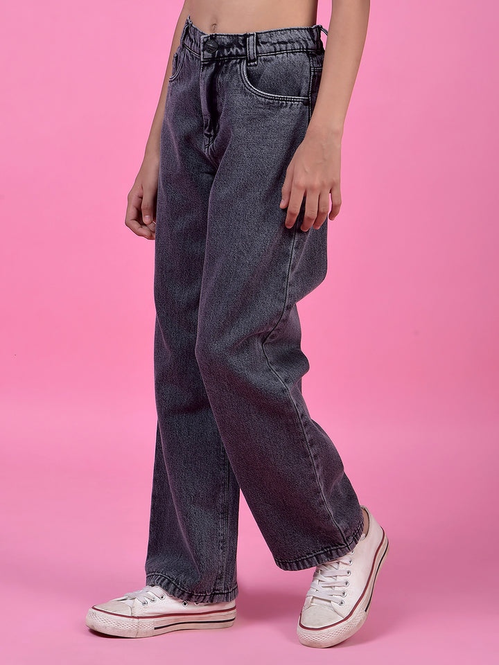 Comfy Grey Wide-Leg Cotton Jeans-Girls Jeans-Crimsoune Club