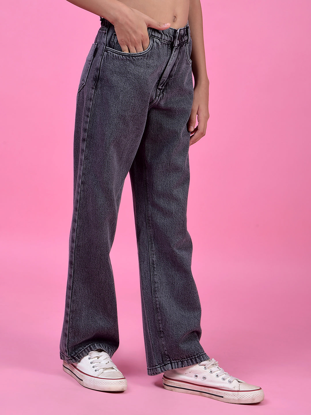 Comfy Grey Wide-Leg Cotton Jeans-Girls Jeans-Crimsoune Club