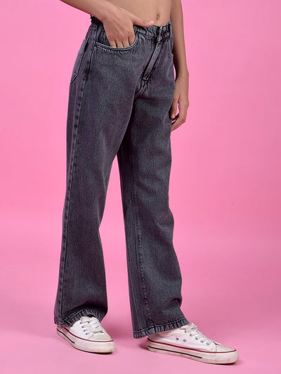 Comfy Grey Wide-Leg Cotton Jeans-Girls Jeans-Crimsoune Club