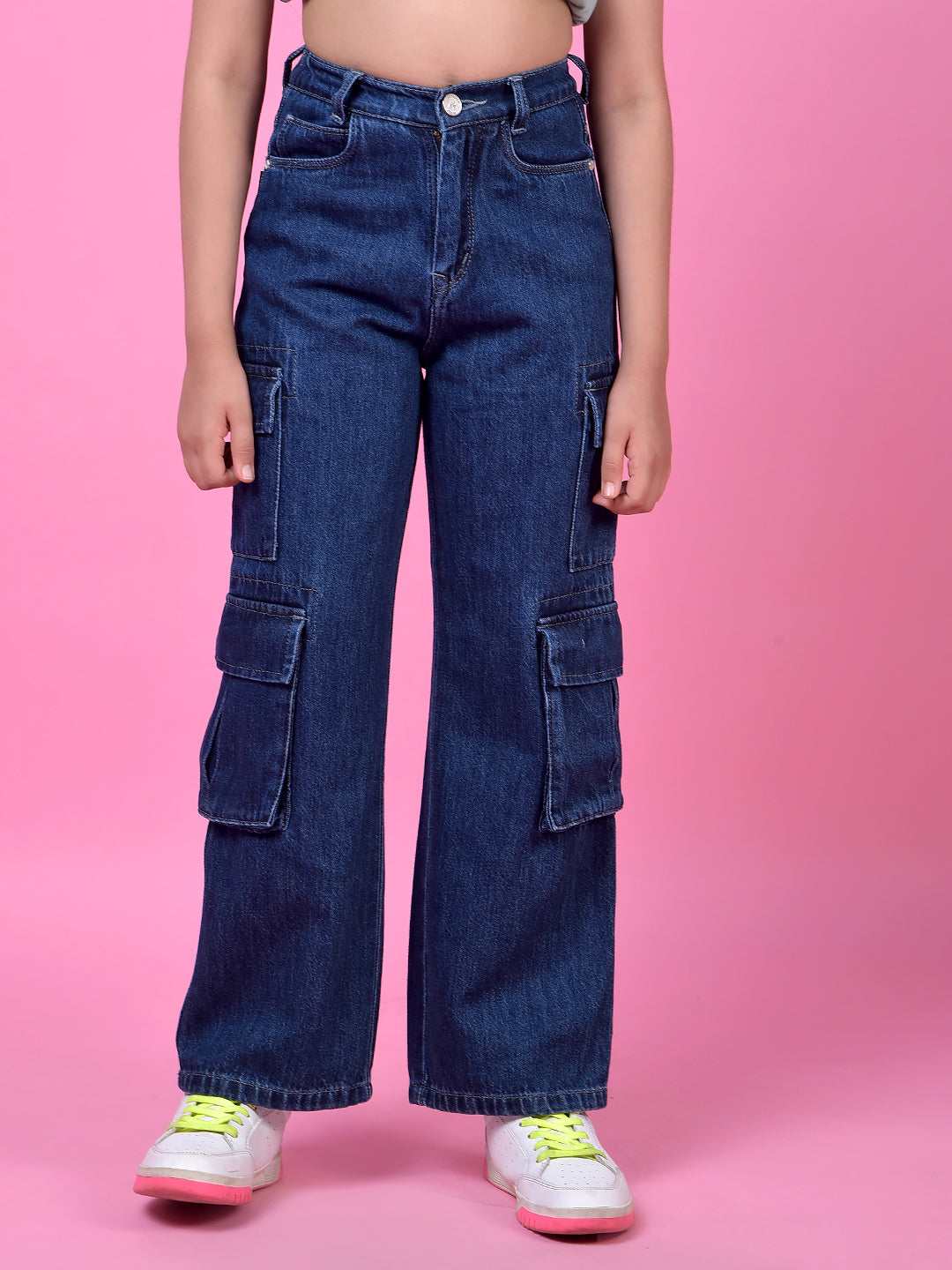 Durable Navy Blue Cotton Baggy Cargo Jeans-Girls Jeans-Crimsoune Club