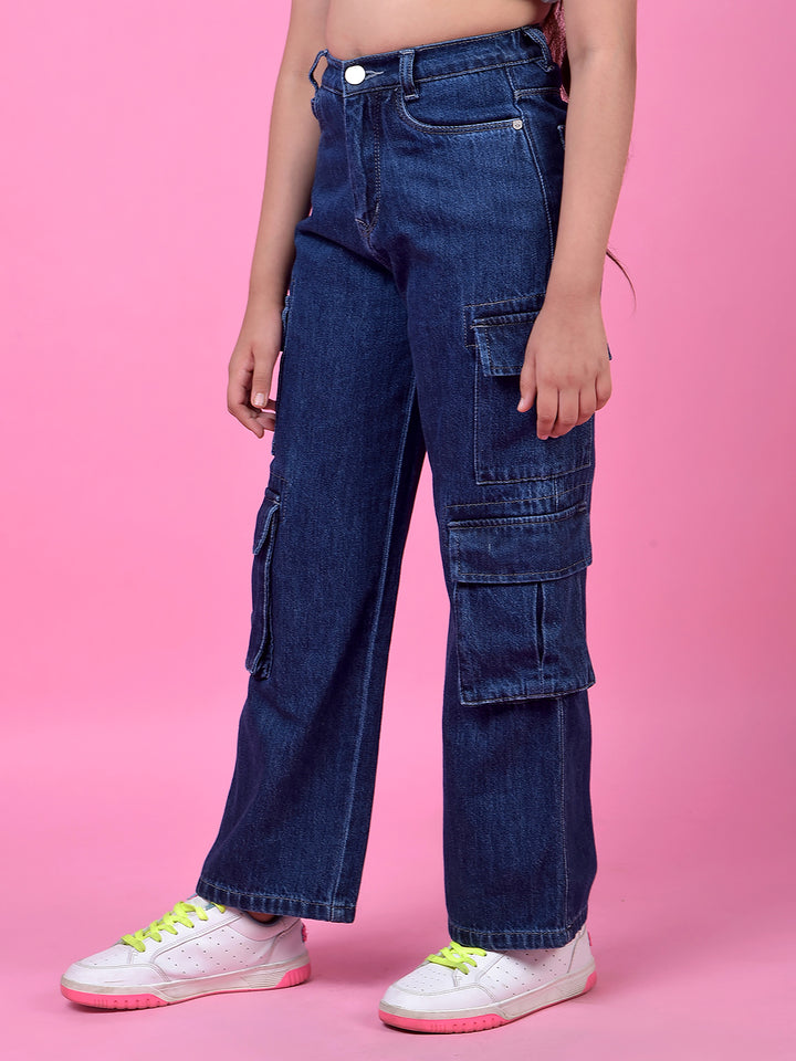Durable Navy Blue Cotton Baggy Cargo Jeans-Girls Jeans-Crimsoune Club