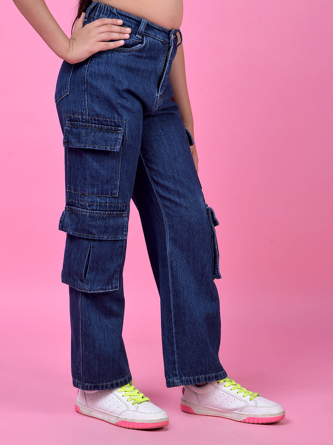 Durable Navy Blue Cotton Baggy Cargo Jeans-Girls Jeans-Crimsoune Club