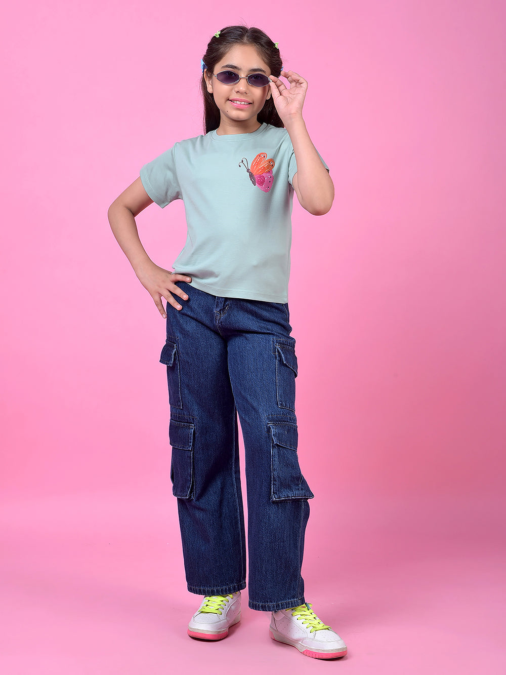 Durable Navy Blue Cotton Baggy Cargo Jeans-Girls Jeans-Crimsoune Club