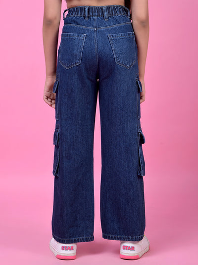 Durable Navy Blue Cotton Baggy Cargo Jeans-Girls Jeans-Crimsoune Club
