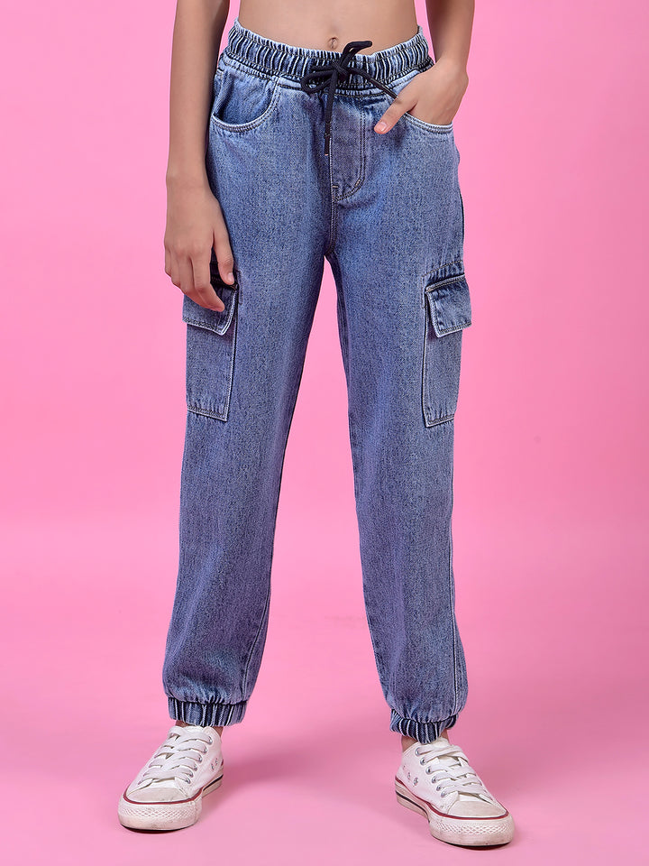 Comfy Blue Cotton Cargo Joggers-Girls Jeans-Crimsoune Club
