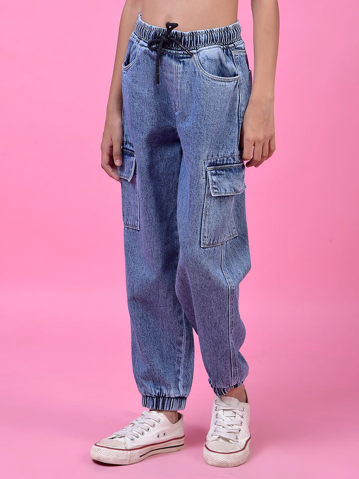 Comfy Blue Cotton Cargo Joggers-Girls Jeans-Crimsoune Club