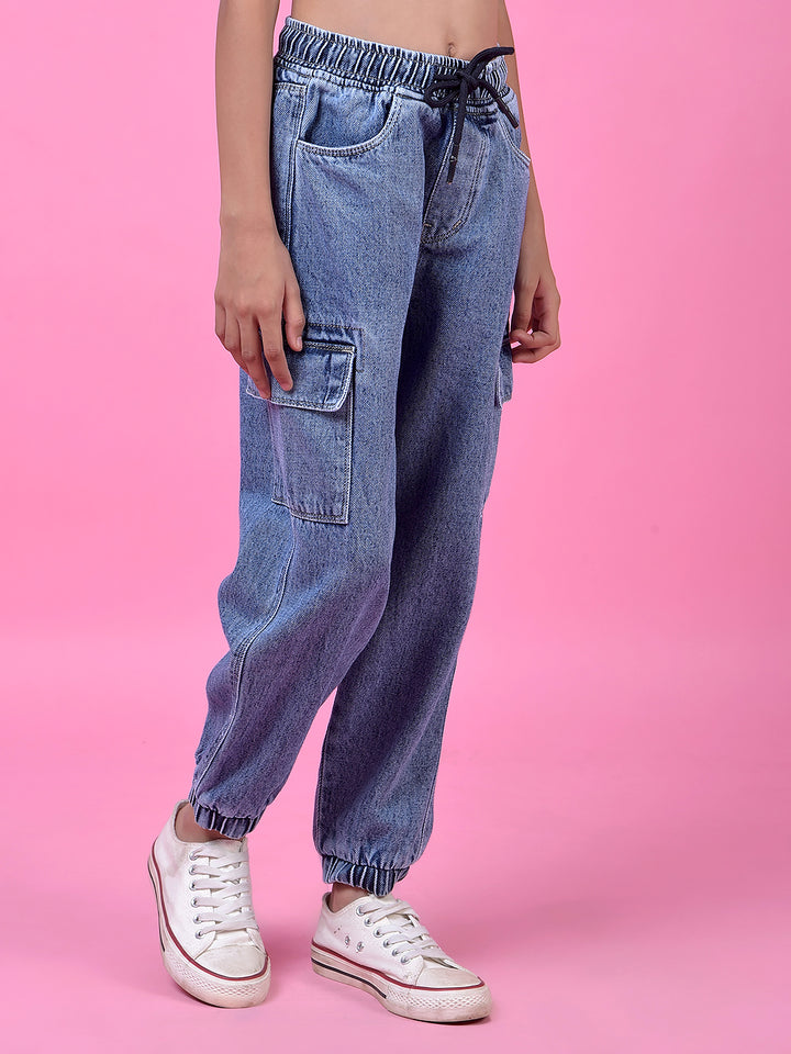 Comfy Blue Cotton Cargo Joggers-Girls Jeans-Crimsoune Club