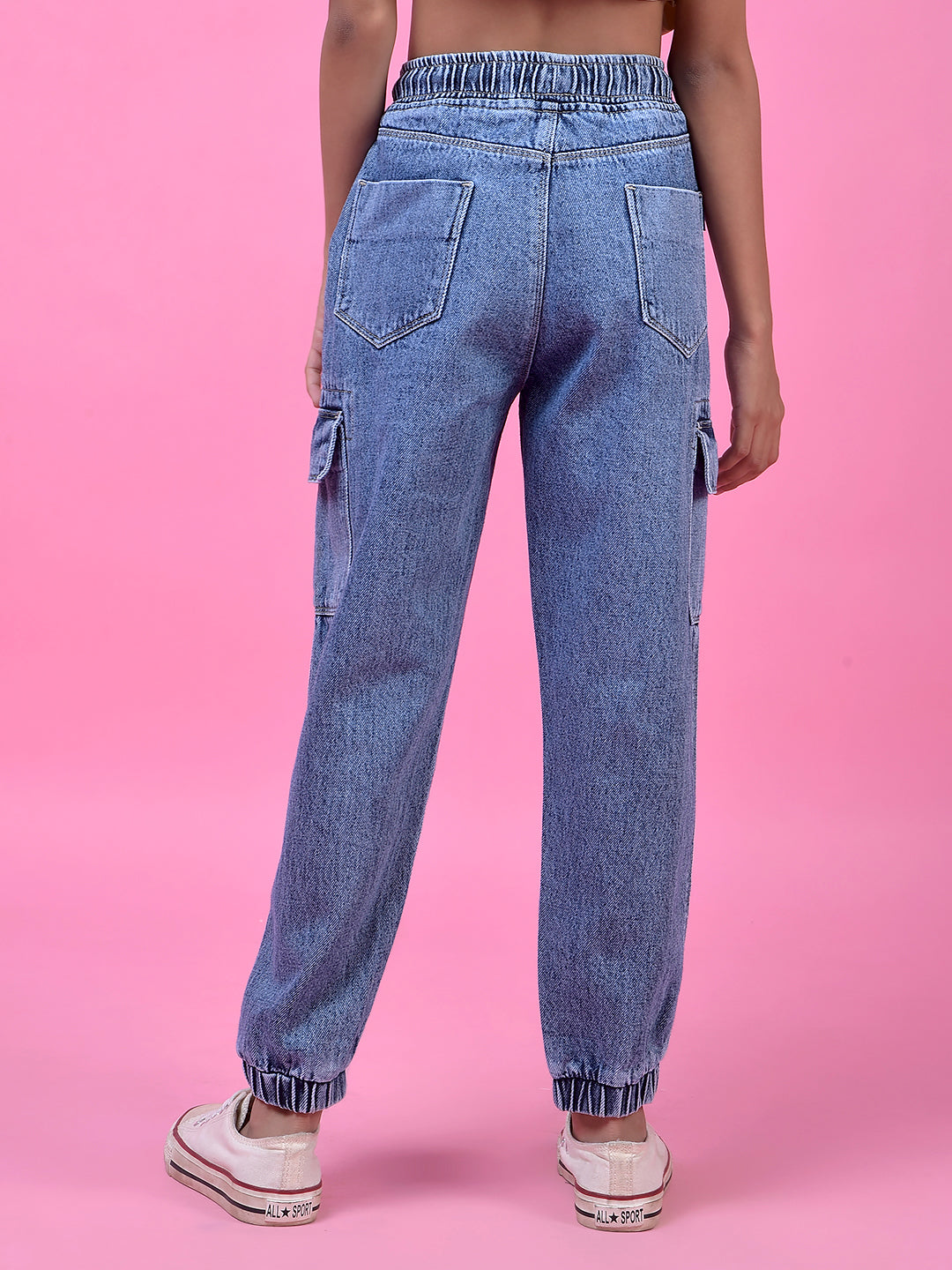 Comfy Blue Cotton Cargo Joggers-Girls Jeans-Crimsoune Club