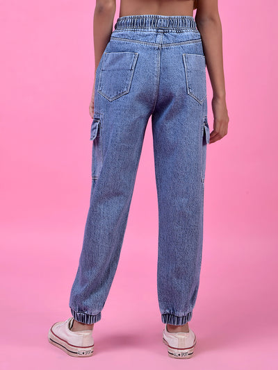 Comfy Blue Cotton Cargo Joggers-Girls Jeans-Crimsoune Club