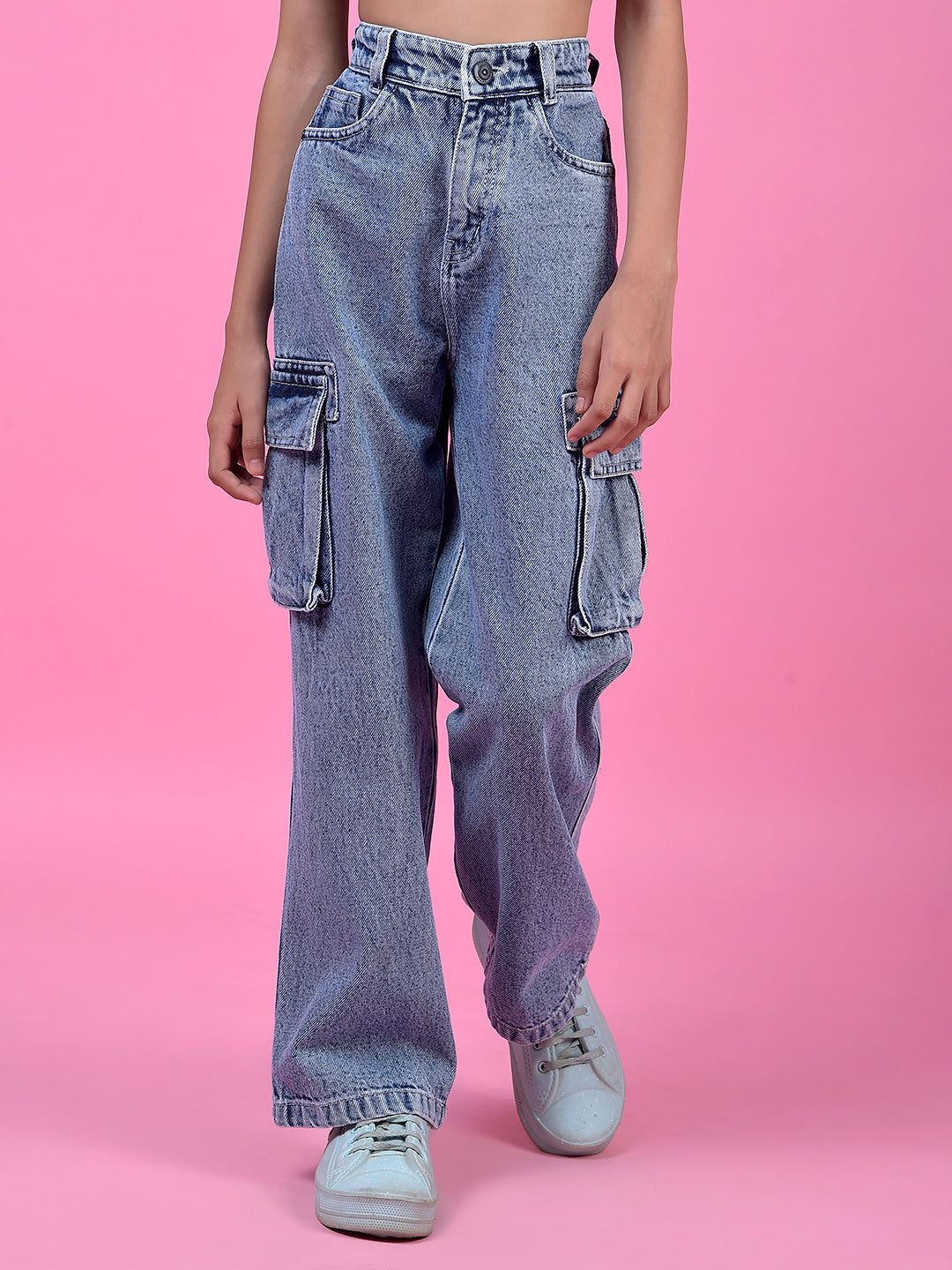 Functional Blue Cotton Baggy Cargo Jeans-Girls Jeans-Crimsoune Club