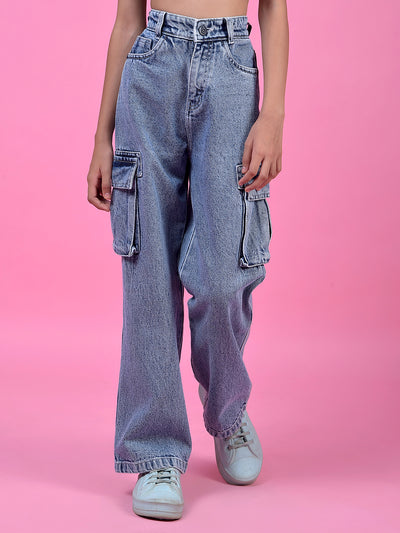 Functional Blue Cotton Baggy Cargo Jeans-Girls Jeans-Crimsoune Club