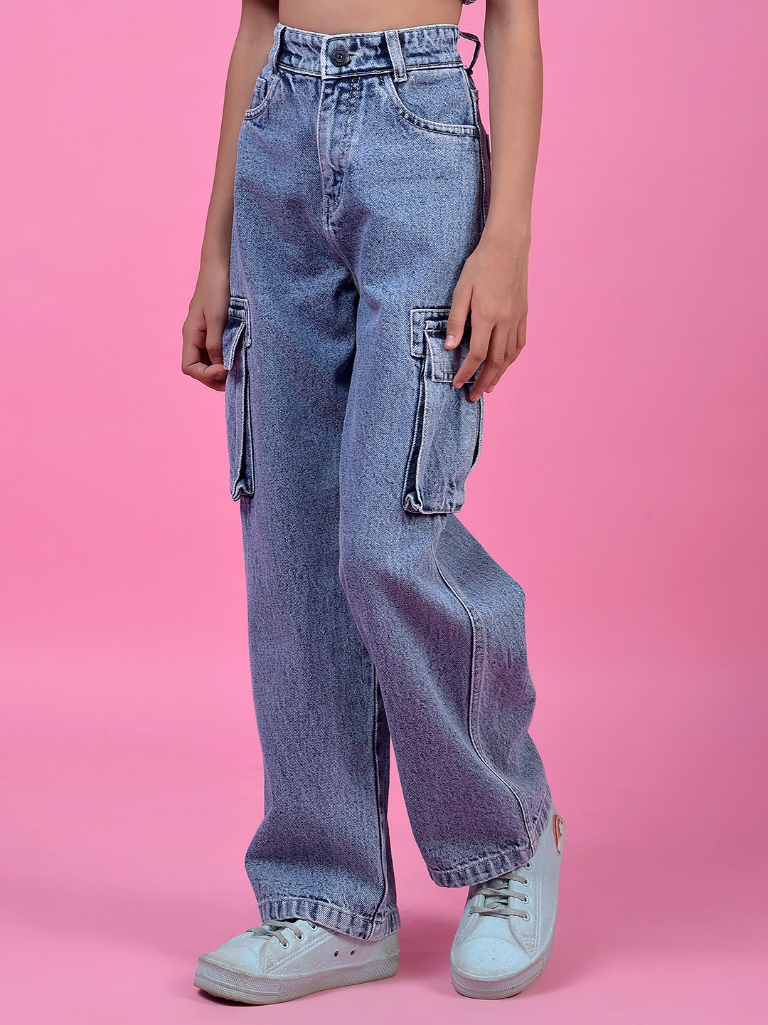 Functional Blue Cotton Baggy Cargo Jeans-Girls Jeans-Crimsoune Club