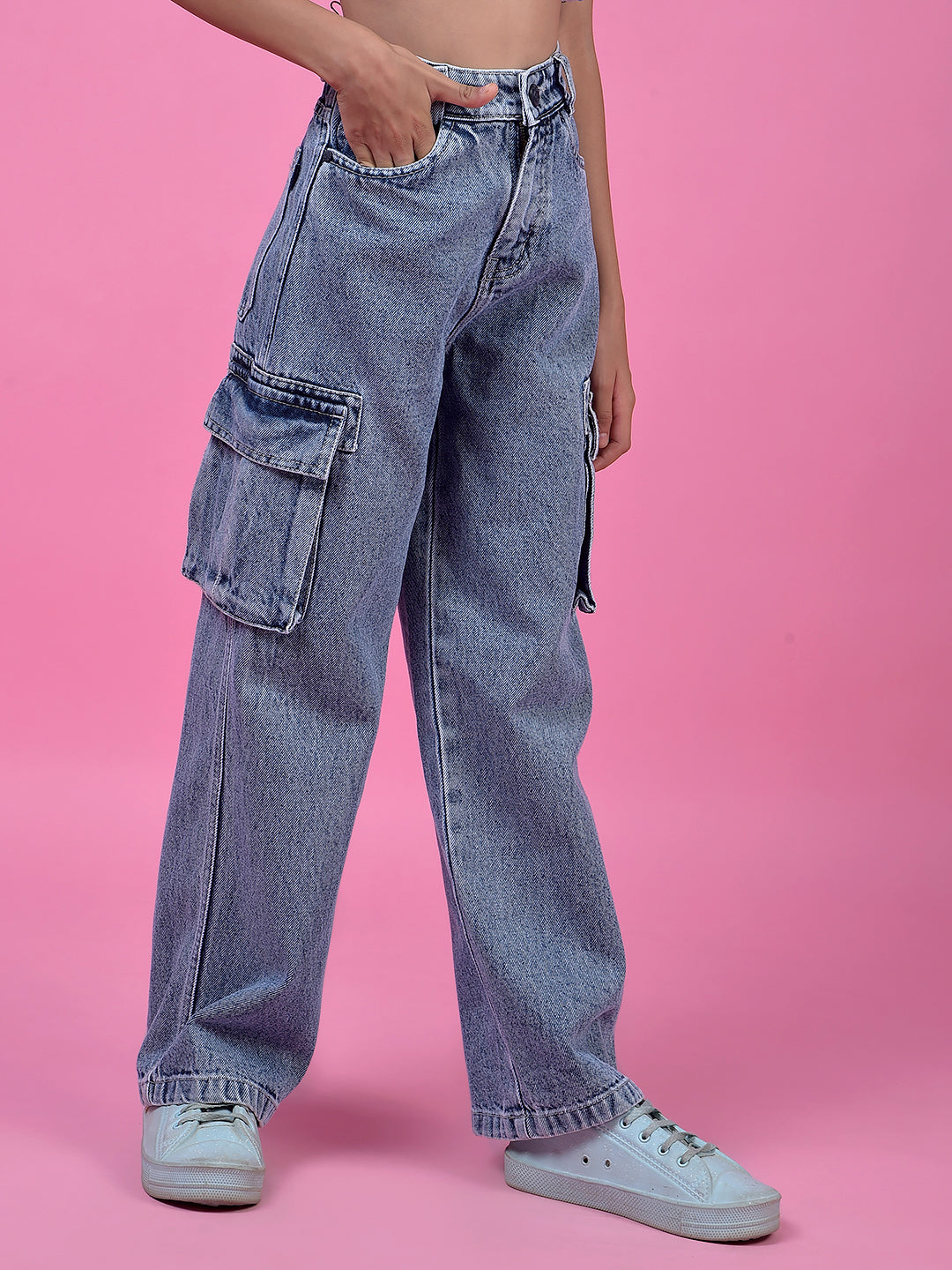 Functional Blue Cotton Baggy Cargo Jeans-Girls Jeans-Crimsoune Club