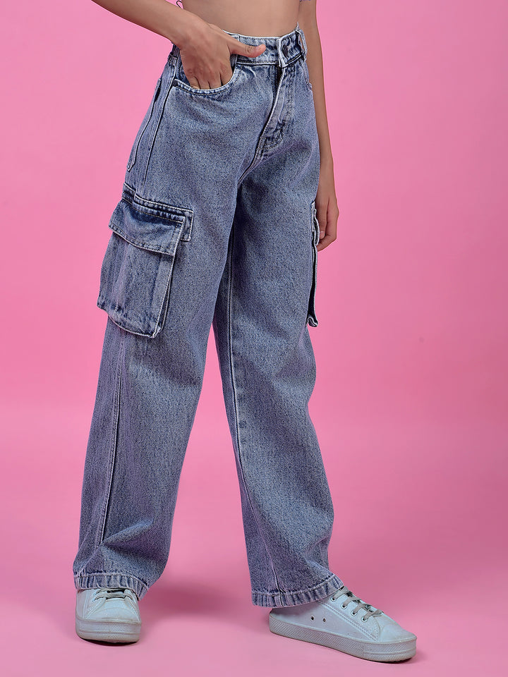 Functional Blue Cotton Baggy Cargo Jeans-Girls Jeans-Crimsoune Club