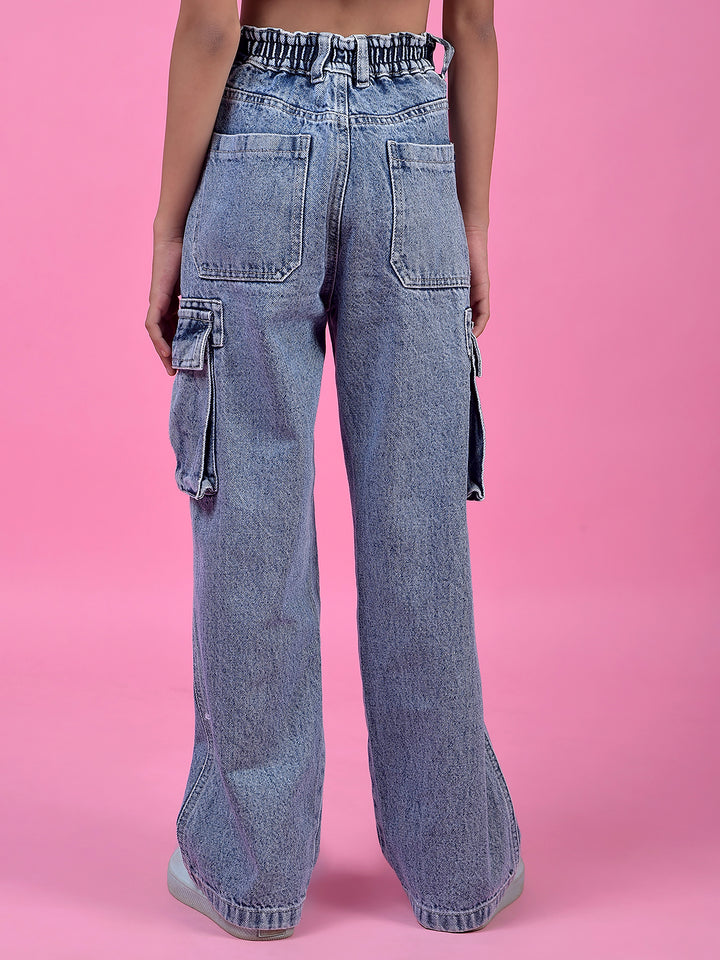 Functional Blue Cotton Baggy Cargo Jeans-Girls Jeans-Crimsoune Club