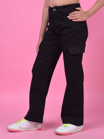 Blue Fashionable Wide-Leg Denim Cargo Jeans-Girls Jeans-Crimsoune Club
