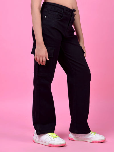 Blue Fashionable Wide-Leg Denim Cargo Jeans-Girls Jeans-Crimsoune Club