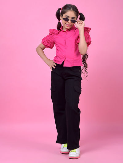 Blue Fashionable Wide-Leg Denim Cargo Jeans-Girls Jeans-Crimsoune Club