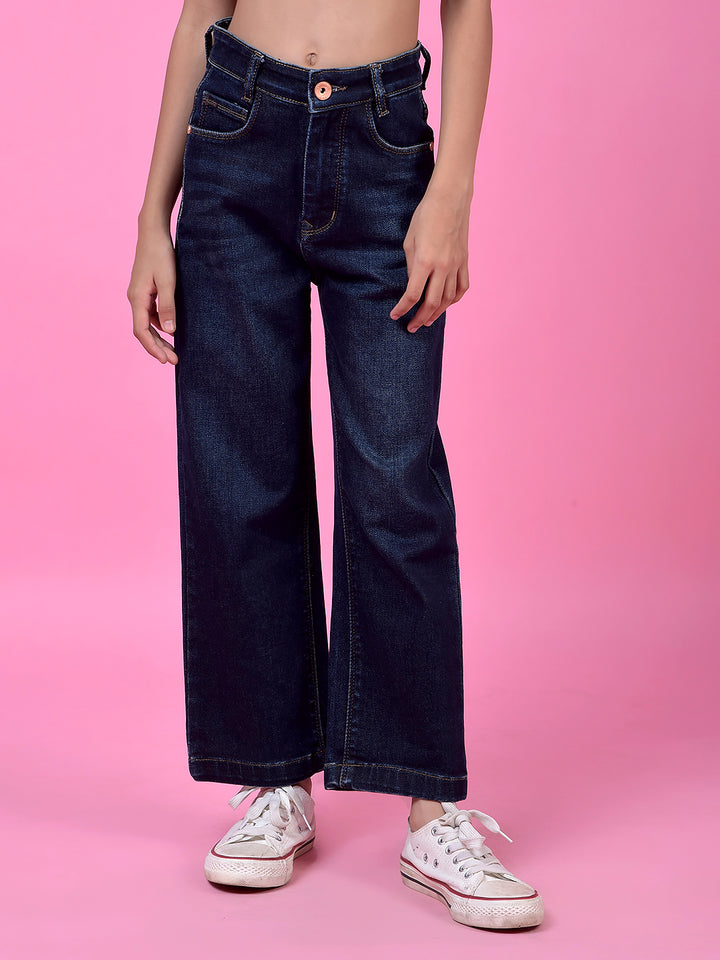 Navy Blue Fashionable Wide-Leg Denim Jeans-Girls Jeans-Crimsoune Club