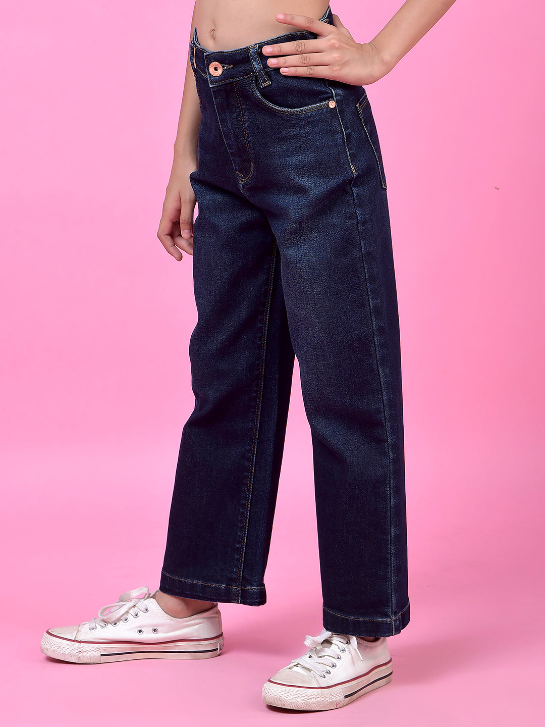 Navy Blue Fashionable Wide-Leg Denim Jeans-Girls Jeans-Crimsoune Club