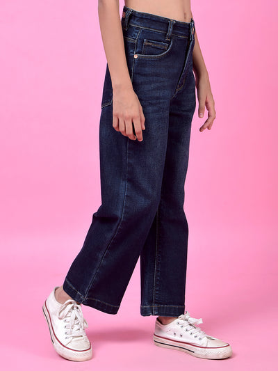 Navy Blue Fashionable Wide-Leg Denim Jeans-Girls Jeans-Crimsoune Club